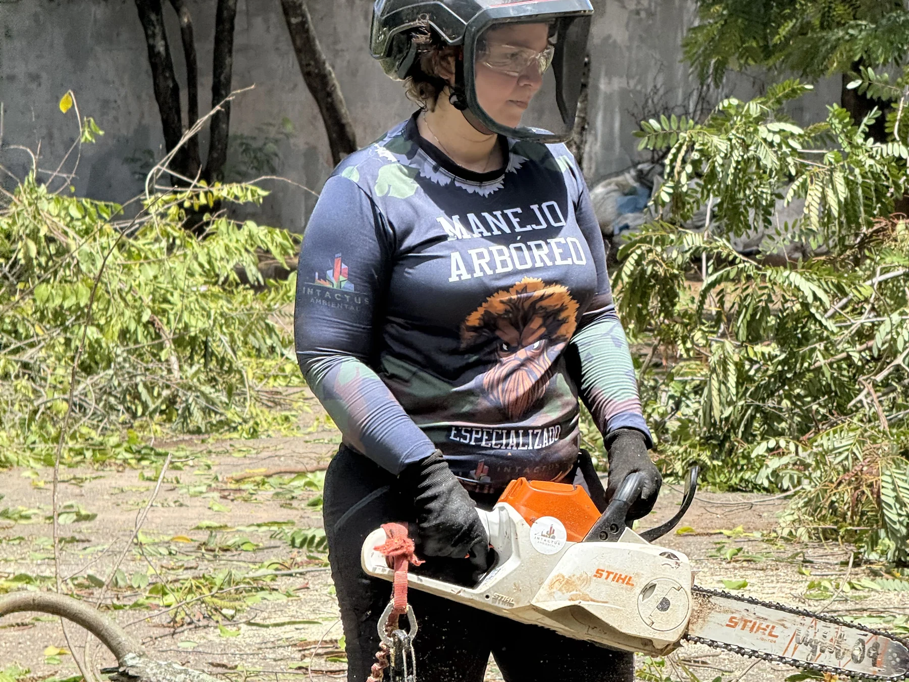 Arborista em atividade de poda em instalação de telecomunicações.