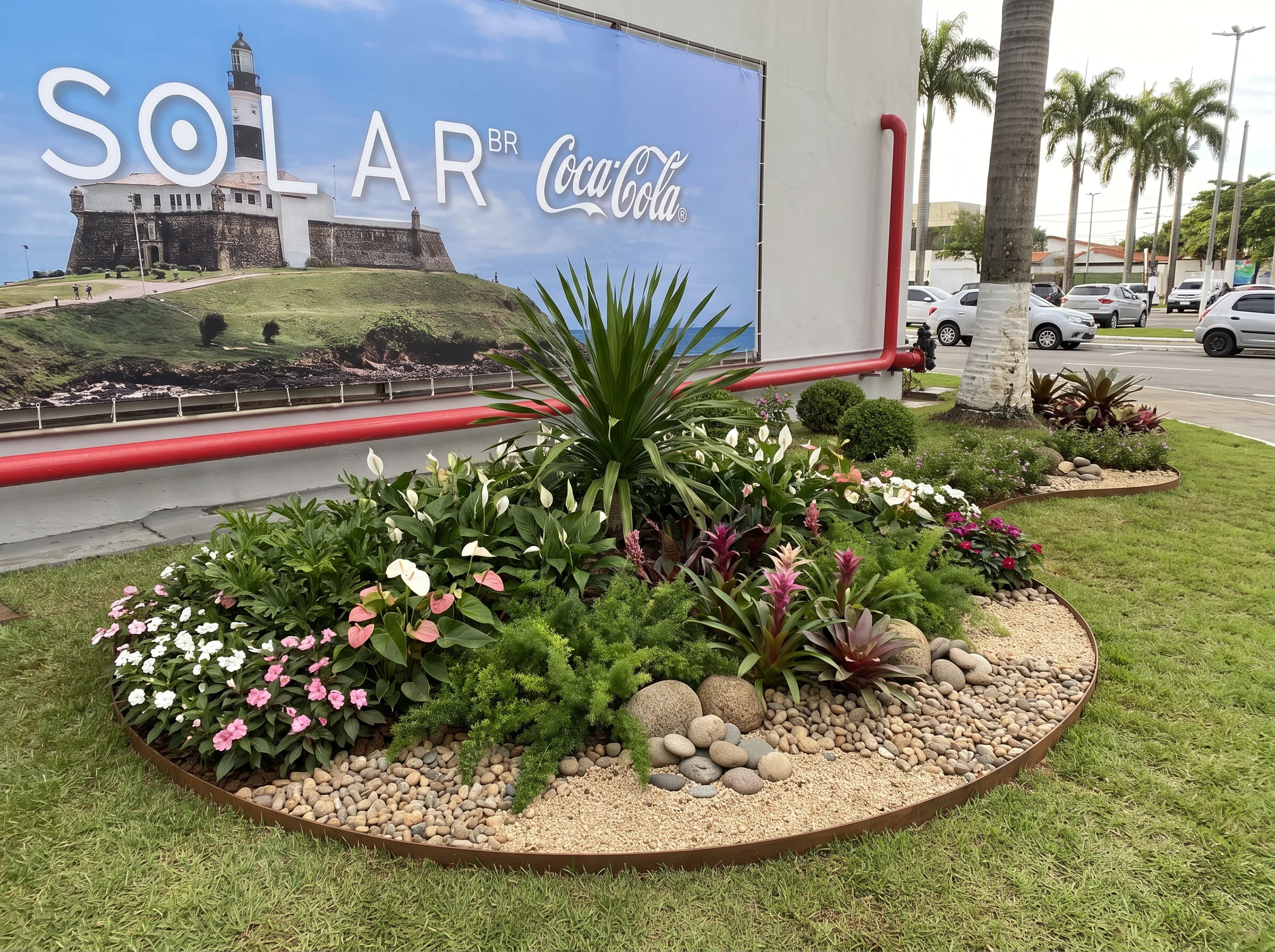 Canteiro de plantas diante do painel da Solar Coca-Cola e de palmeiras