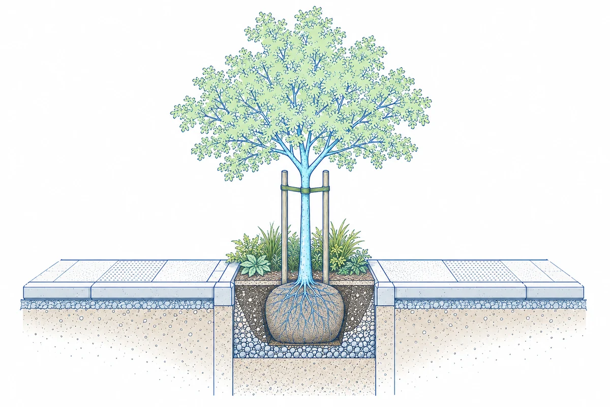 Ilustração técnica de plantio urbano: muda tutorada, pavimento, torrão e perfil de solo.