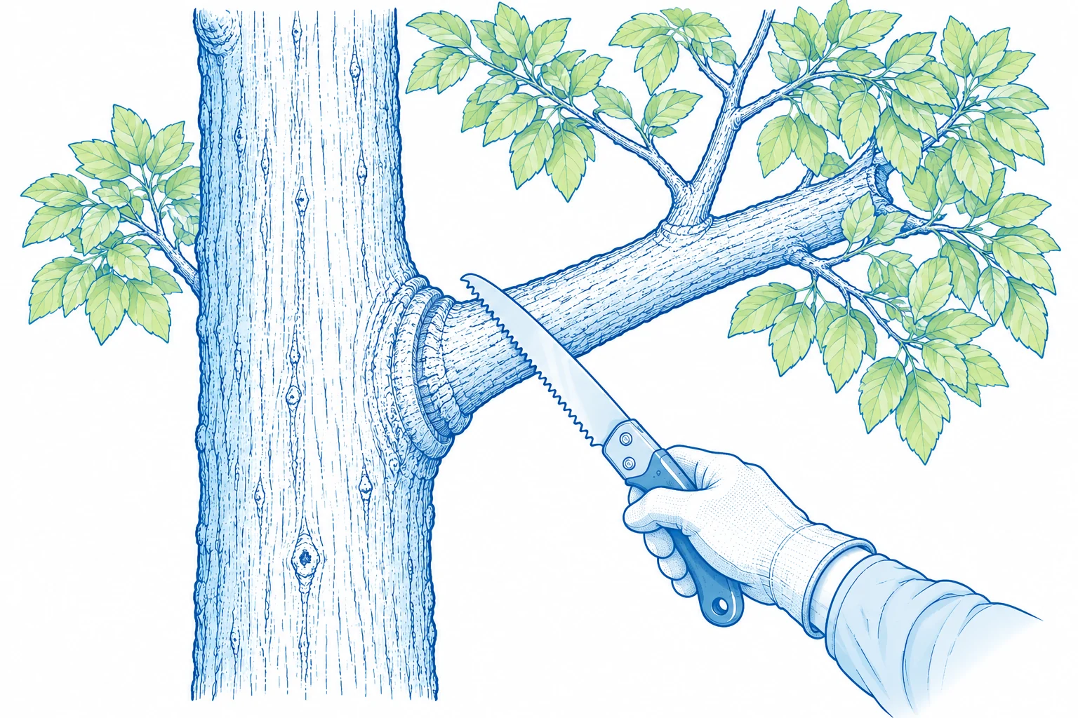 Ilustração técnica de poda mostrando o corte do ramo logo após o colar, preservando sua inserção no tronco.