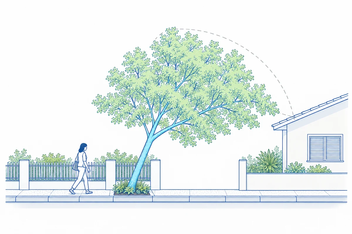 Ilustração técnica de análise de risco: árvore urbana e seu contexto próximo, com zona de alcance indicativa.