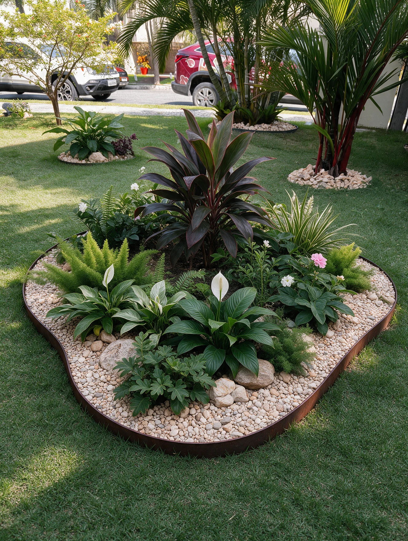 Canteiro residencial com vegetação tropical e acabamento em pedra clara