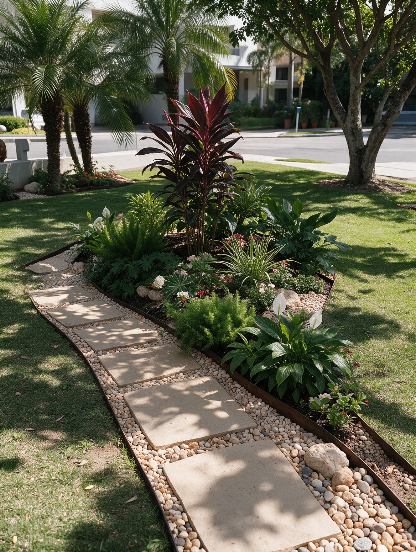 Caminho de placas de pedra atravessando um jardim tropical residencial