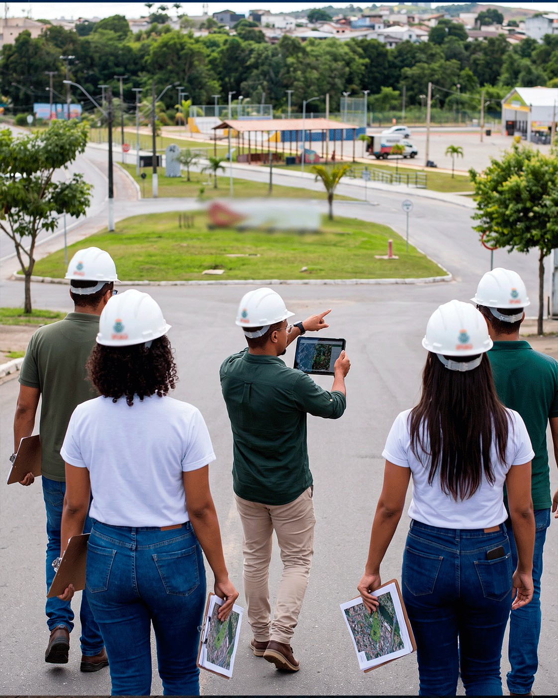 Equipe em visita técnica observa uma área urbana arborizada.