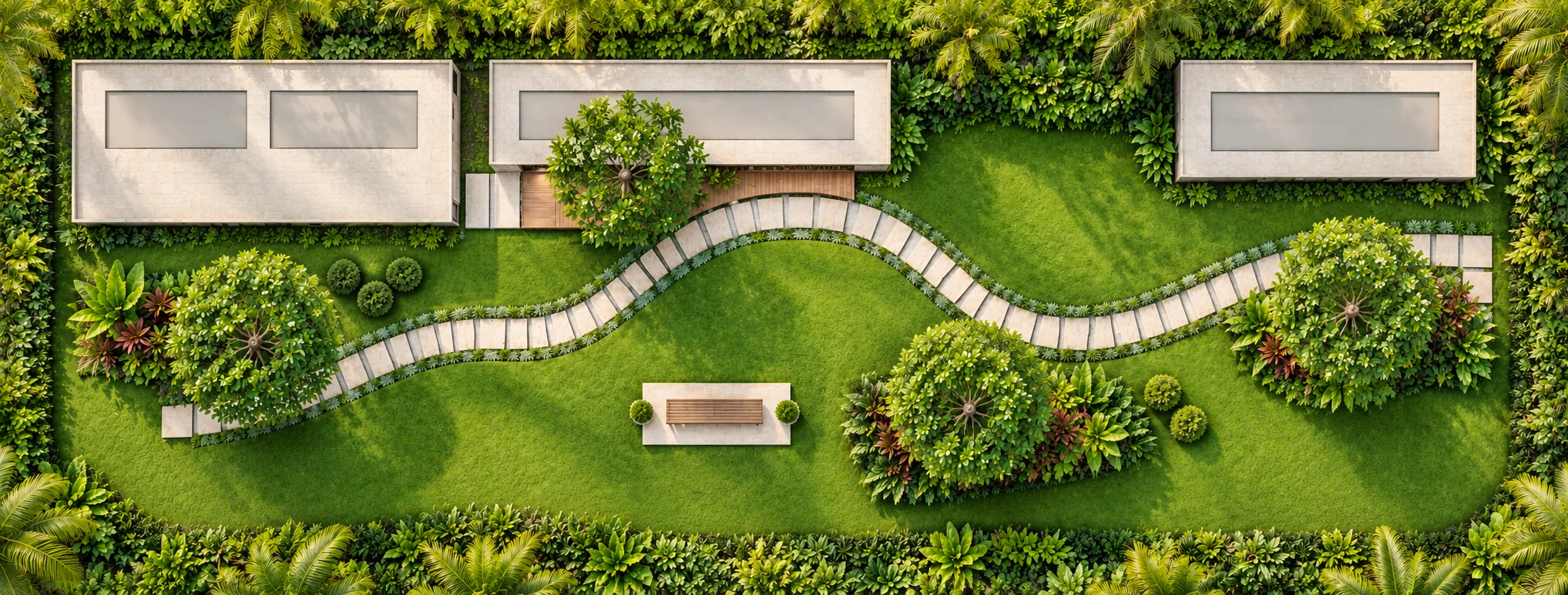 Visualização conceitual em vista aérea do jardim da prancha, com quatro árvores nas posições indicadas, caminho curvo, canteiros e área de estar junto à residência